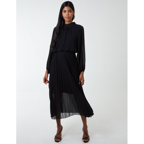 High Neck Pleated Midi Dress