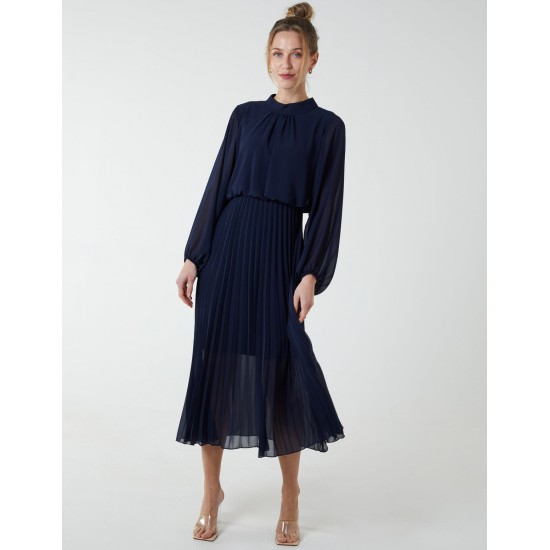 High Neck Pleated Midi Dress