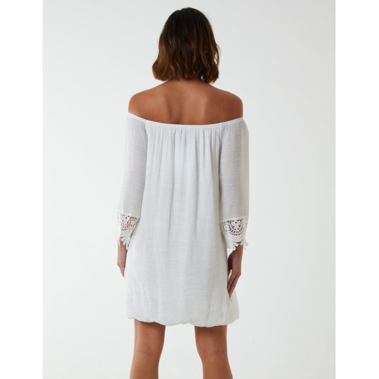 Bardot Tunic Dress With Crochet Lace Sleeves