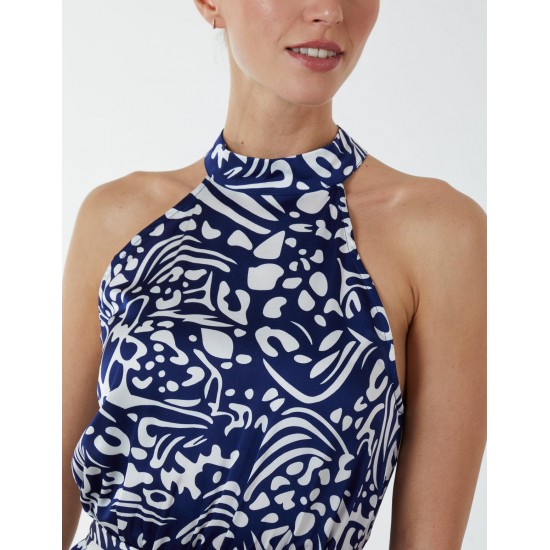 Abstract Print Halter Neck Midi Wrap Dress