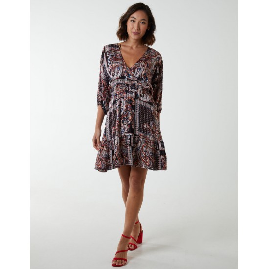 Paisley Wrap Front Pleated Kimono Sleeve Dress