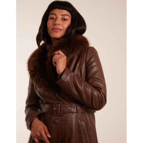 Longline Leather Look Faux Fur Coat