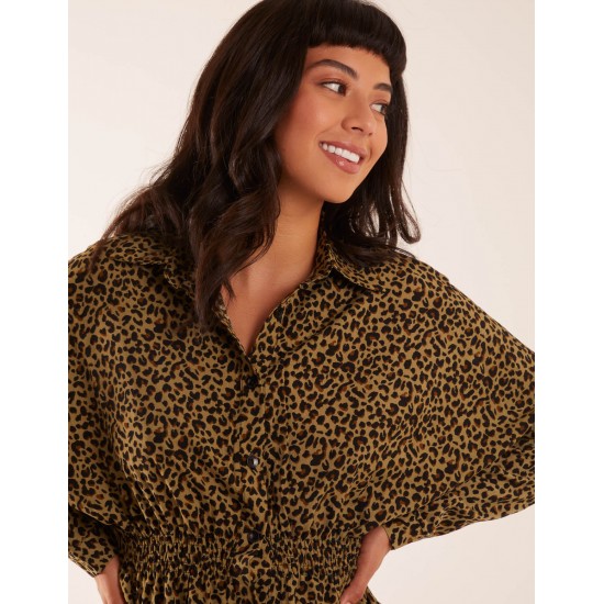 Leopard Print Shirred Waist Shirt