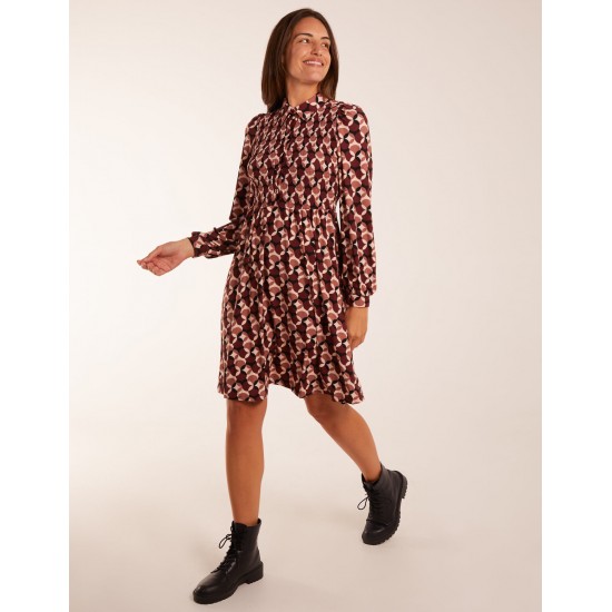 Geometric Print Shirred Bust Long Sleeve Shirt Dress