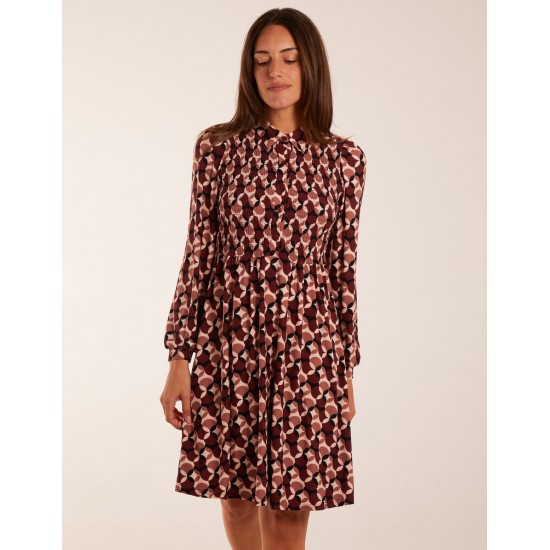 Geometric Print Shirred Bust Long Sleeve Shirt Dress