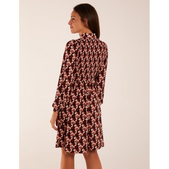 Geometric Print Shirred Bust Long Sleeve Shirt Dress