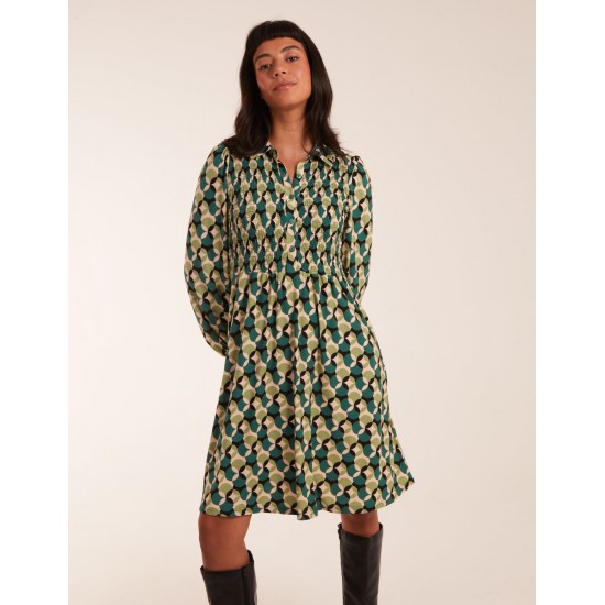 Geometric Print Shirred Bust Long Sleeve Shirt Dress