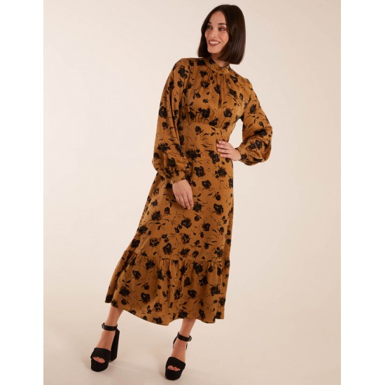 High Neck Midi Dress With Tiered Skirt and Puff Long Sleeve