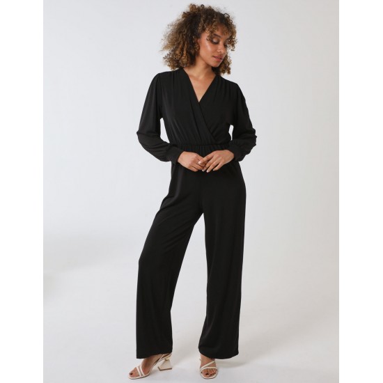 Elasticated Waist Crossover Long Sleeve Jumpsuit