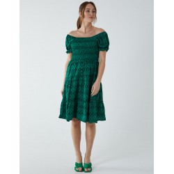 Puff Sleeve Bardot Shirred Dress