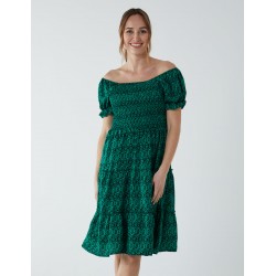 Puff Sleeve Bardot Shirred Dress