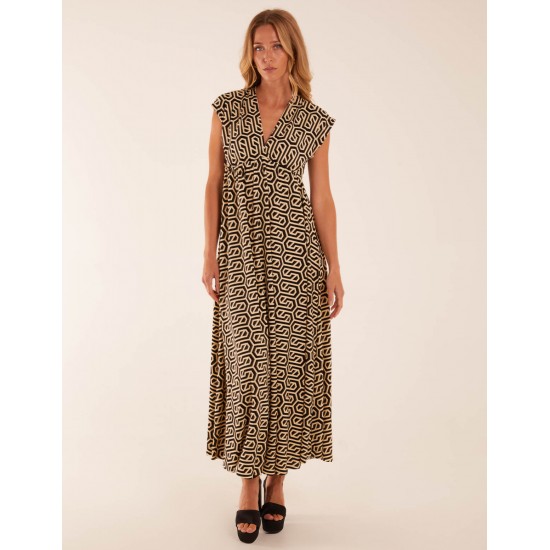 Geometric Print Double V-Neck Sleeveless Maxi Dress