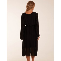 Wrap Front Pleated Sleeve Midi Dress