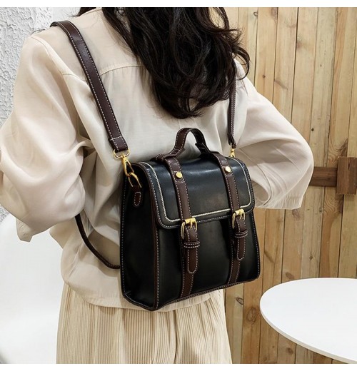 Leather Double Buckle Backpack