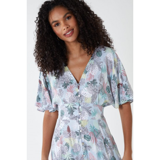 Tropical Leaf Button Through Maxi Dress