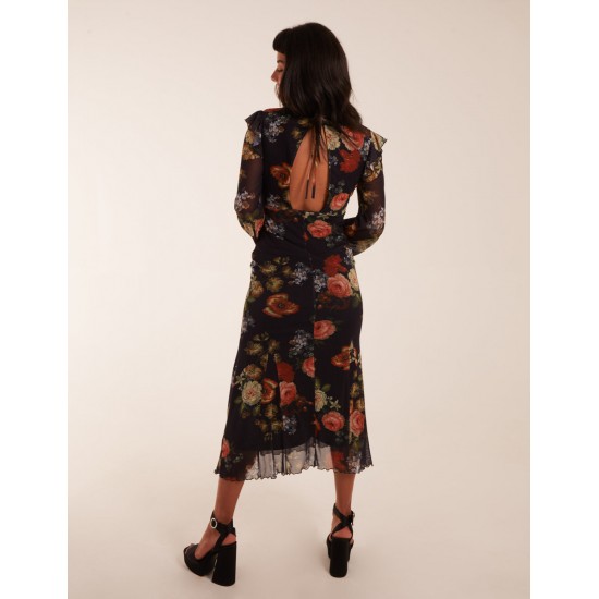 Godet Hem Frill Floral Cut Out Back Dress