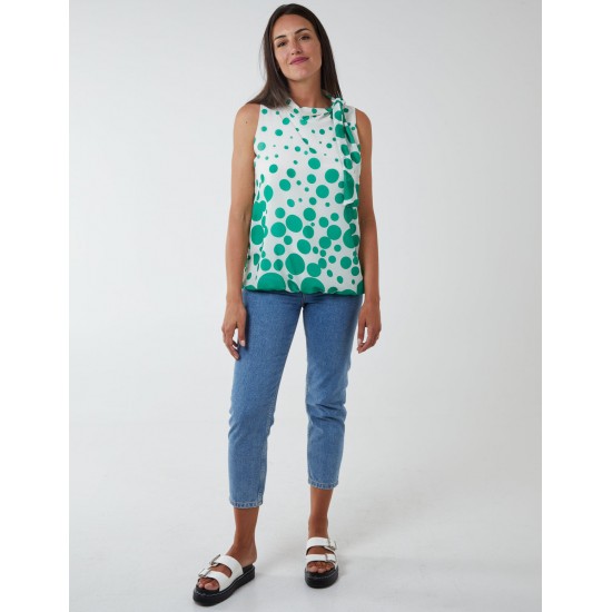 Sleeveless Polka Dot Top With Tie Neck