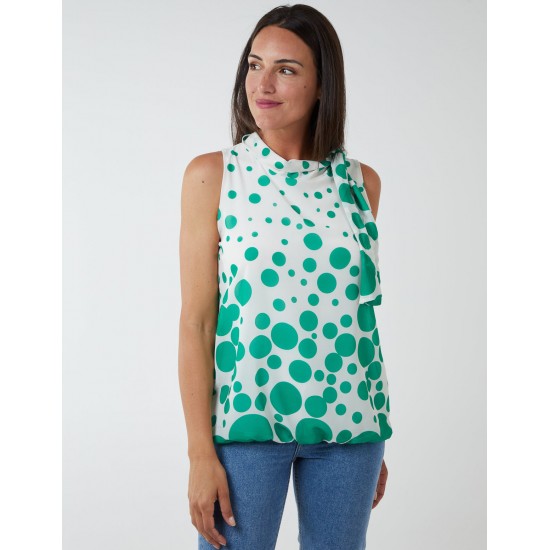 Sleeveless Polka Dot Top With Tie Neck