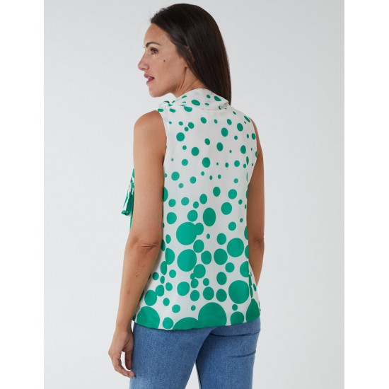 Sleeveless Polka Dot Top With Tie Neck