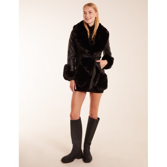 Faux Fur Collar PU Belted Coat