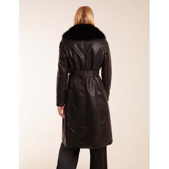 Longline Leather Look Faux Fur Coat