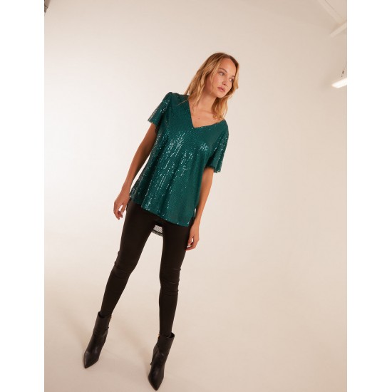 Angel Sleeve V Neck Sequin Top