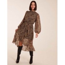 Leopard Print High Neck Wrap Frill Hem Midi Dress