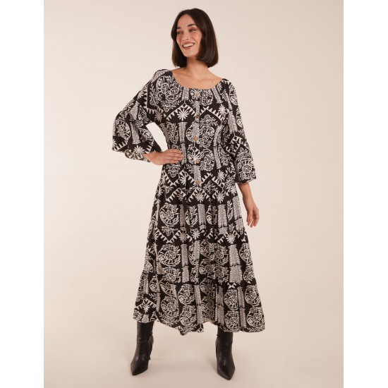 Print Button Front Scoop Neck Maxi Dress